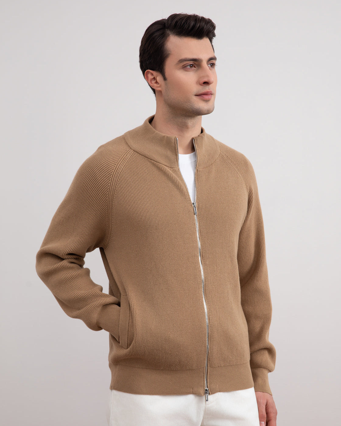 Tan English Rib Full Zip Cardigan