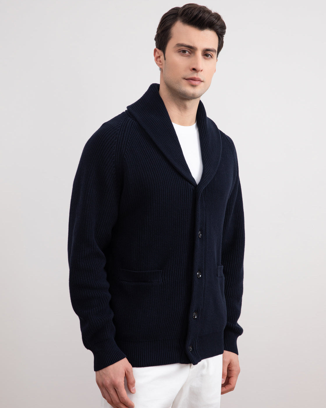 Navy Shawl-Collar Ribbed Cardigan